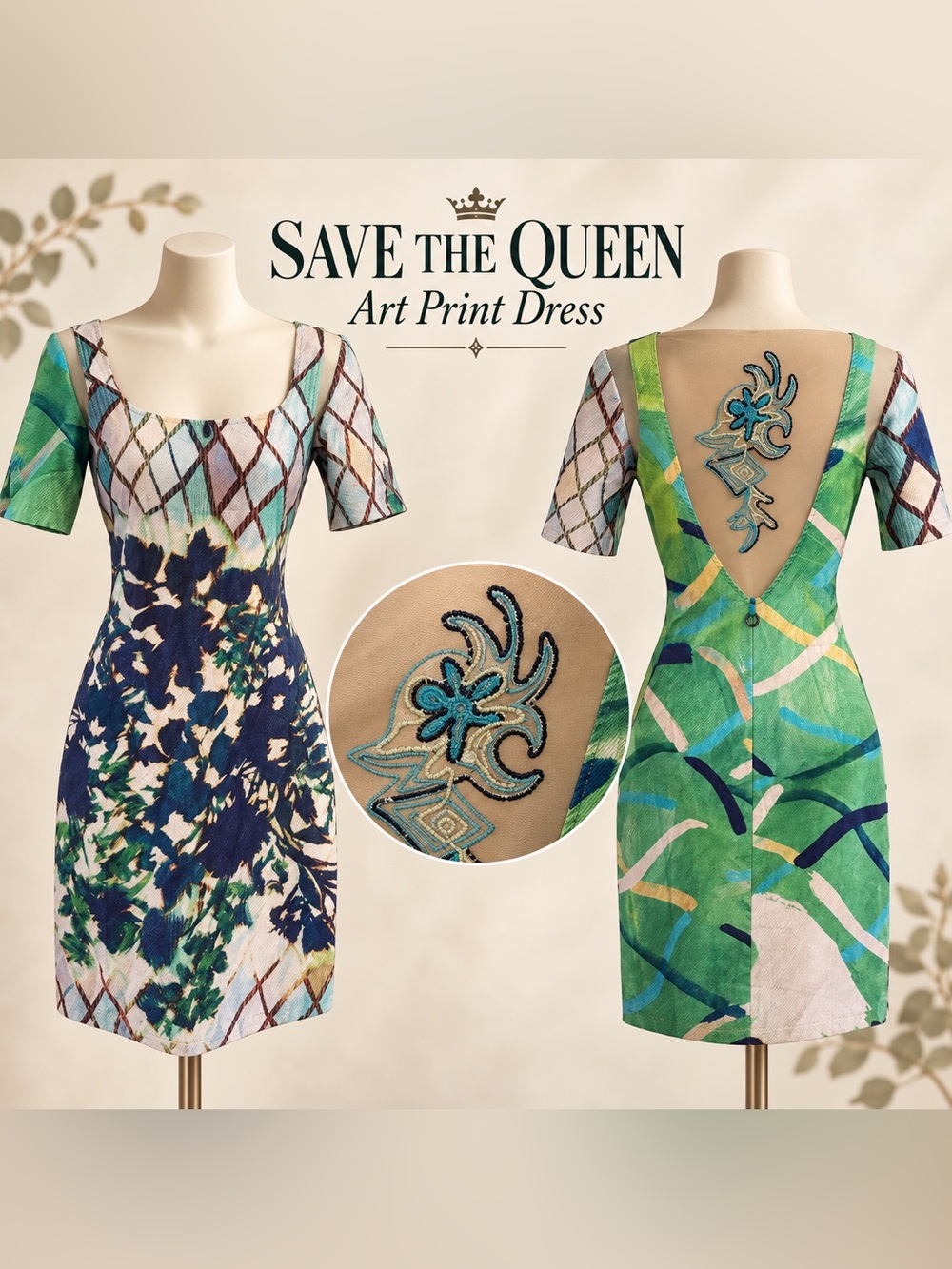 Save The Queen Italy Art Print Dress Deep V Embroidered Back